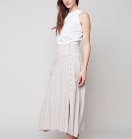 Charlie B Tan/White Long Striped Linen Skirt W/Button Side Panel & Side Slit