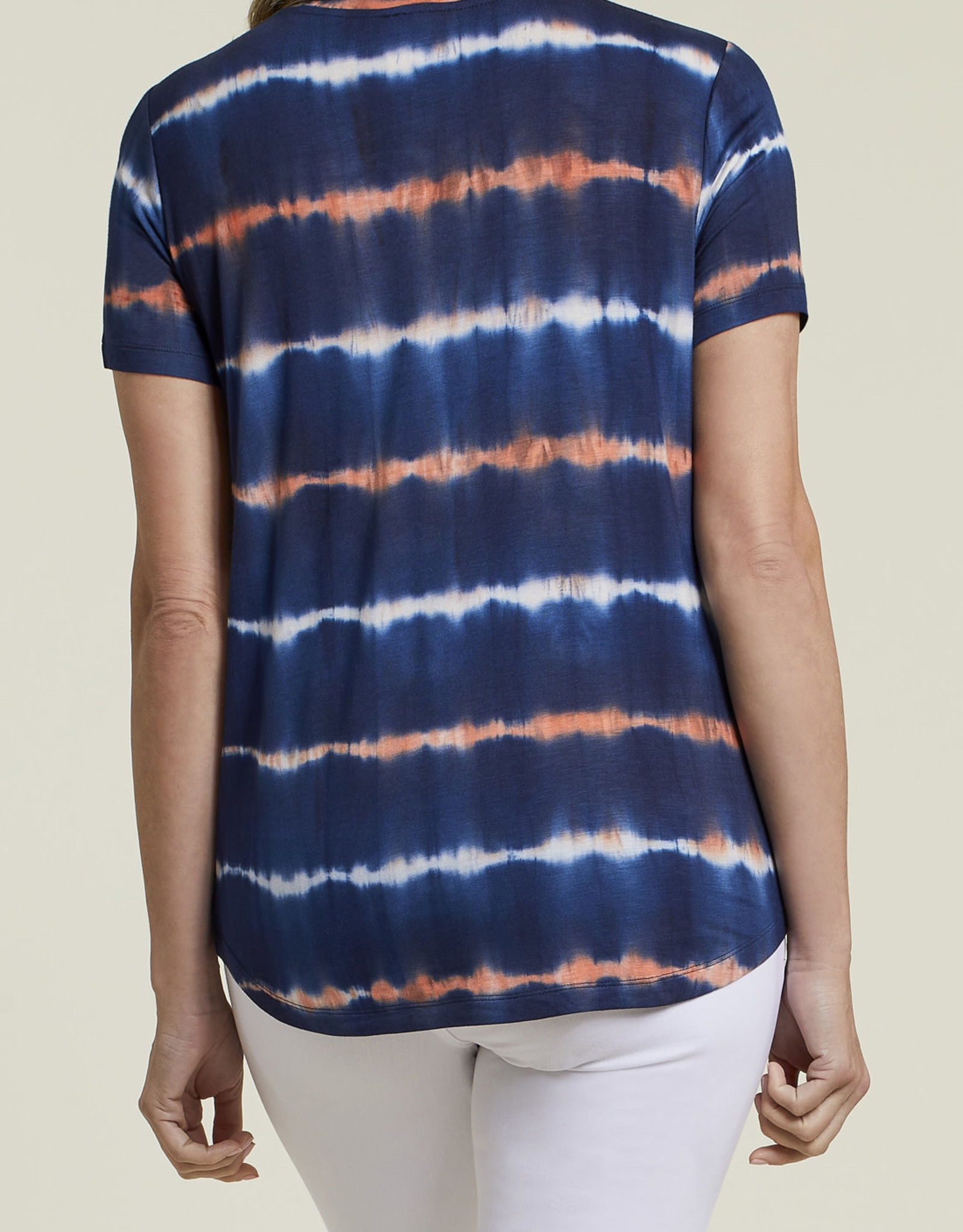 Tribal Navy/Orange/White Tie-Dye Print V-Neck Short Sleeve Top