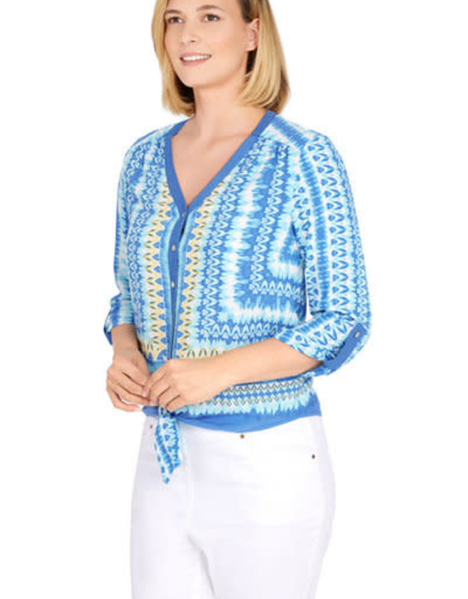 - Blue/White/Yellow Multi Print Button & Tie Front 3/4 Sleeve Top