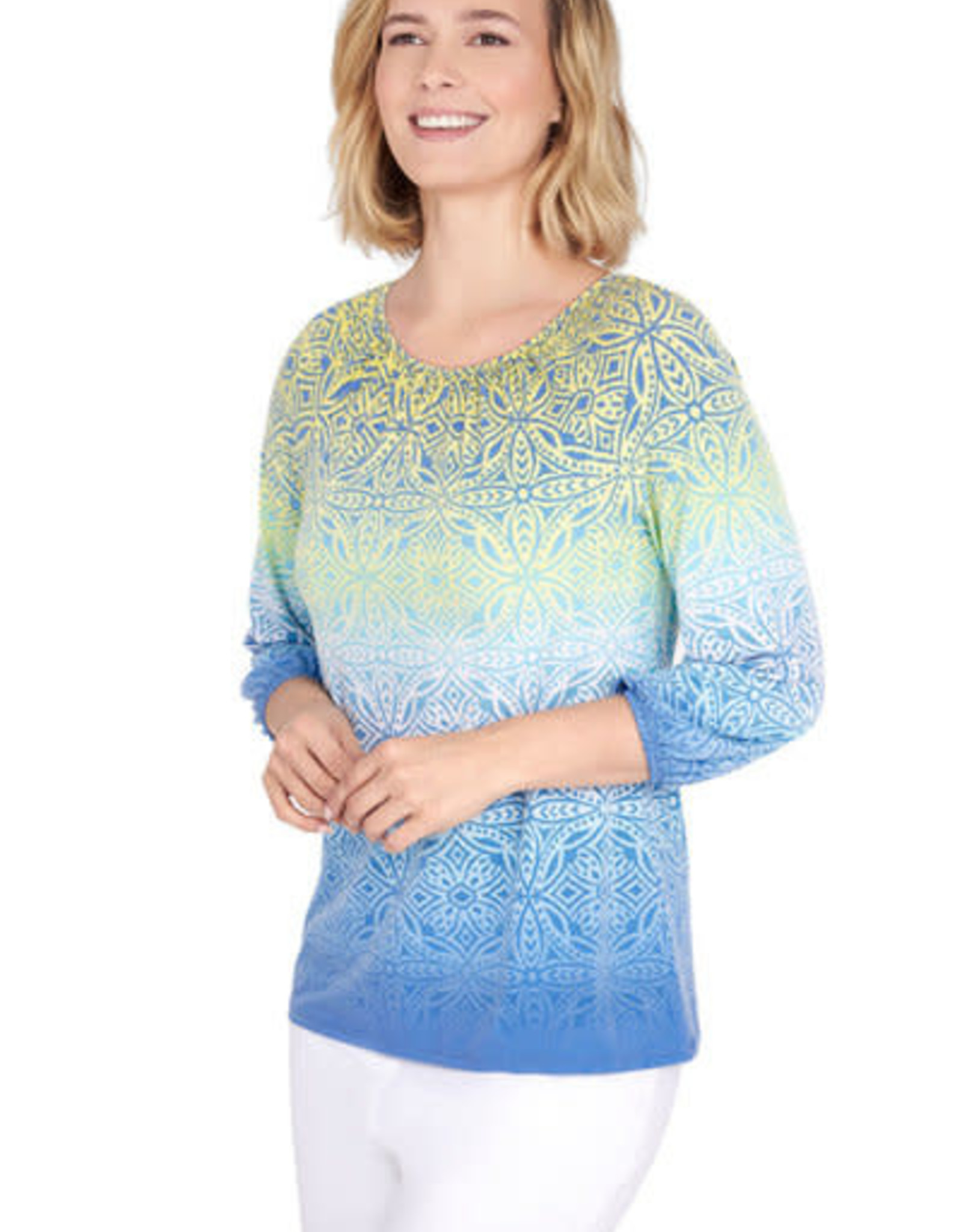 - Blue/Yellow Ombre Printed 3/4 Sleeve Top