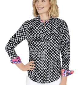 - Black/White Printed Button-Front Long Sleeve Top