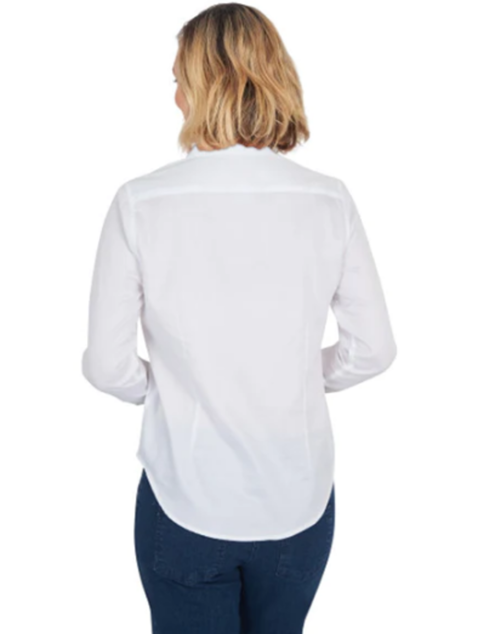 - Solid White Button-Front Long Sleeve Top