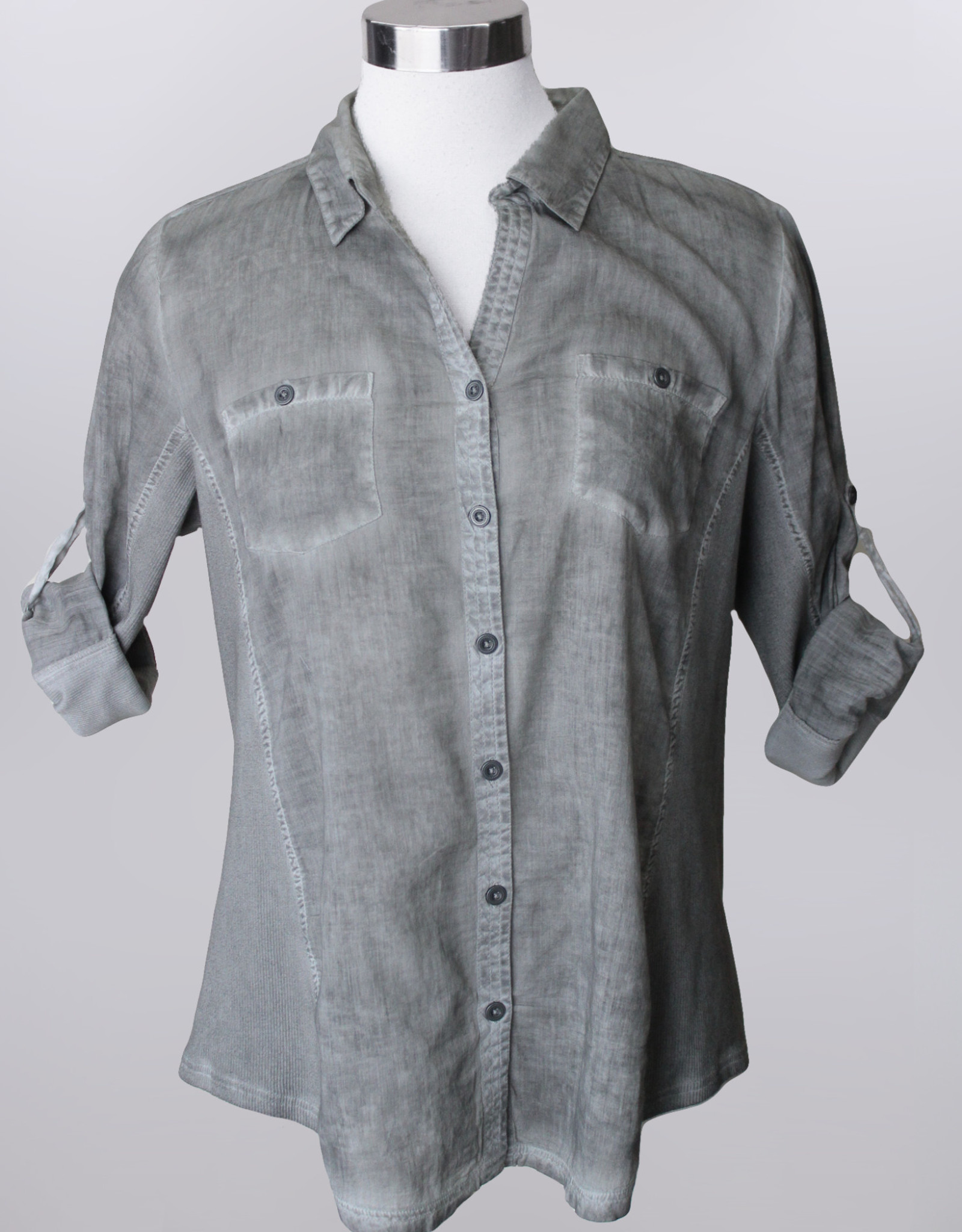 Grey Button-Up 3/4 Sleeve Blouse W/Collar