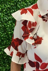 Red and White Floral Short Sleeve W/Ruffle  Button Up Blouse