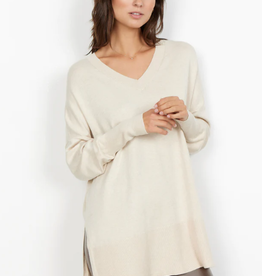 - Cream V-Neck Long Sleeve Tunic Length Sweater w/Side Slits
