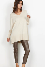 - Cream V-Neck Long Sleeve Tunic Length Sweater w/Side Slits