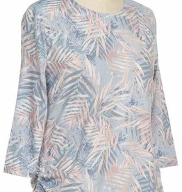 - Chambray/Pink Leaf Pattern  Round Neck 3/4 Length Sleeve Top