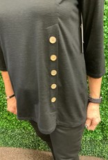 - Black Round Neck 3/4 Sleeve W Button Detail on Side Of Top