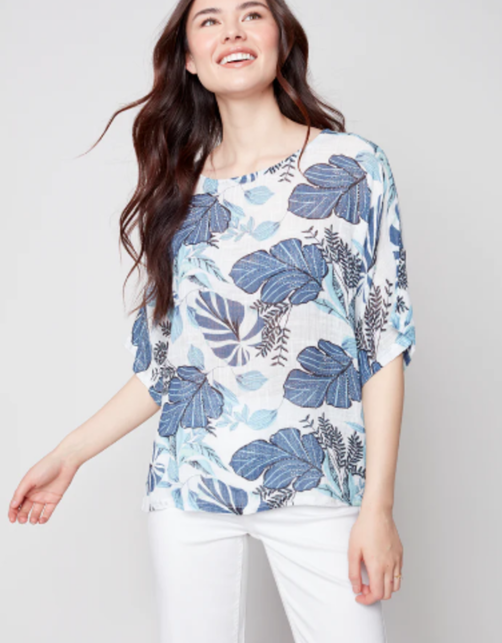 Charlie B Shades of Blue & White Water Lily Print Round Neck Short Sleeve  Top