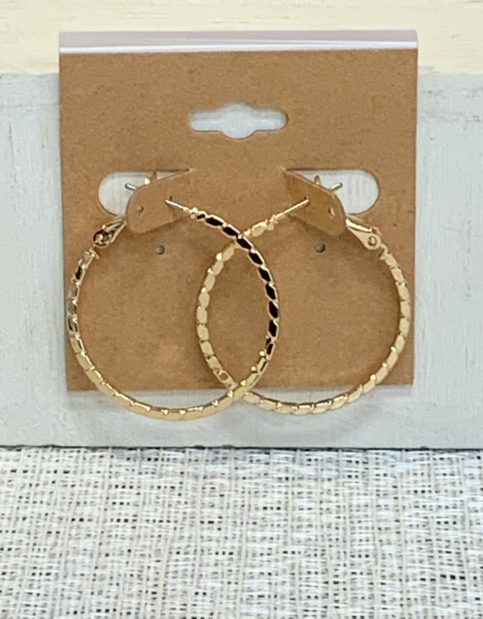 Gold Flat Hoop w/Line Texture Post Earring