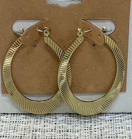 Gold Flat Oval Hoop w/Line Texture Post Earring