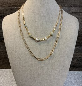 Double Gold Chain Link Necklace w/Beads