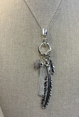 Silver Long Necklace w/Feather Charms
