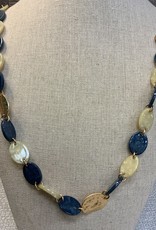 Gold Long Necklace w/Blue Oval Beads