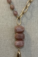 Gold Links/Mauve Beaded Necklace w/Stones & Tassel