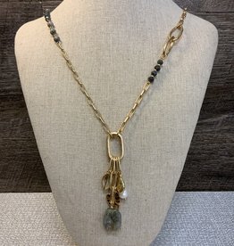 Gold Links & Grey Beaded Necklace w/Charms & Stone