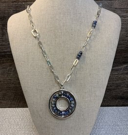 Silver Links/Navy Beaded Necklace w/Round Beaded Pendant