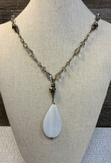 Brass Links/Grey Beaded Necklace w/White Stone Pendant