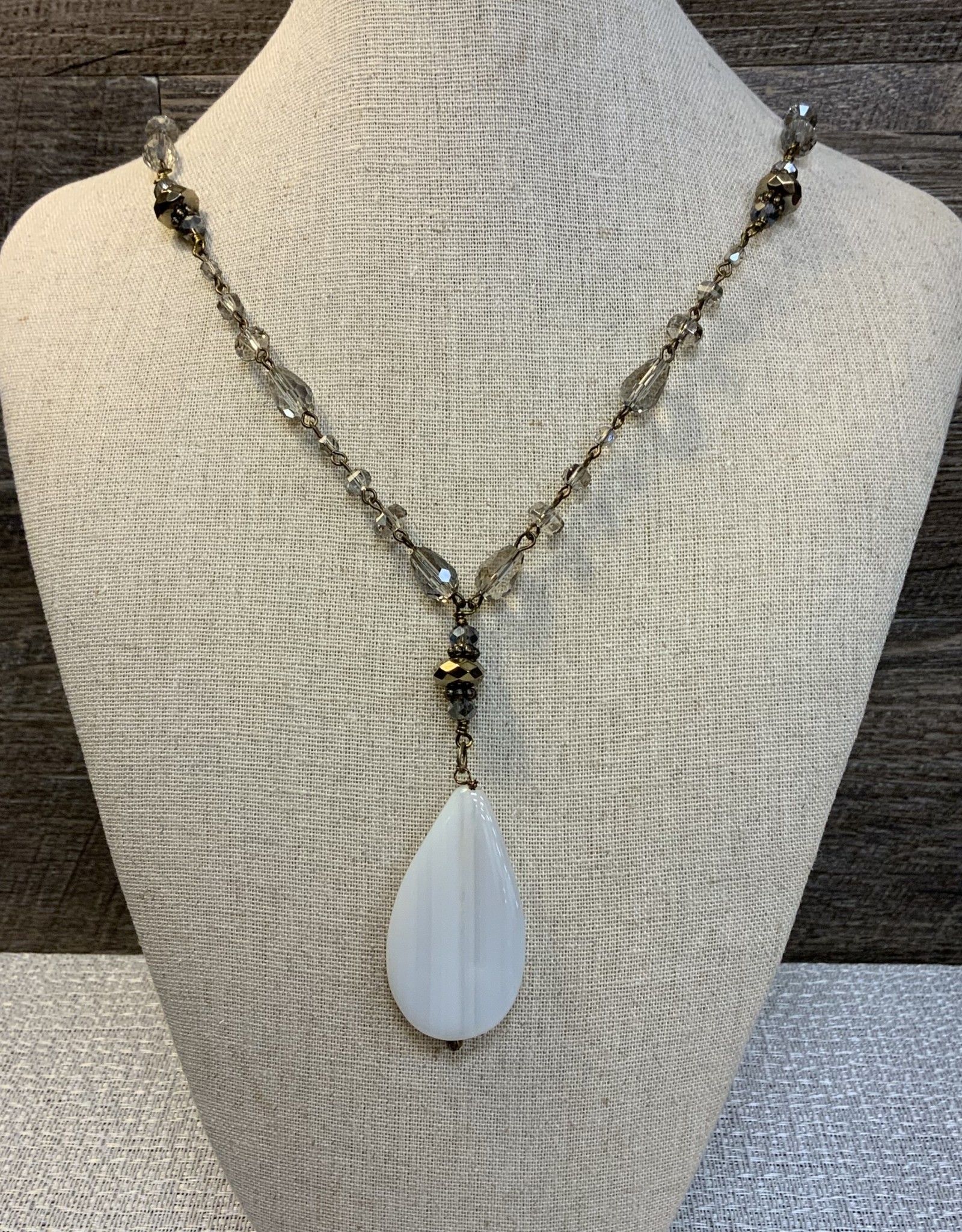 Brass Links/Grey Beaded Necklace w/White Stone Pendant