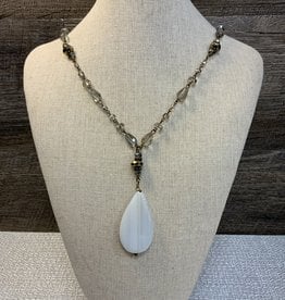 Brass Links/Grey Beaded Necklace w/White Stone Pendant