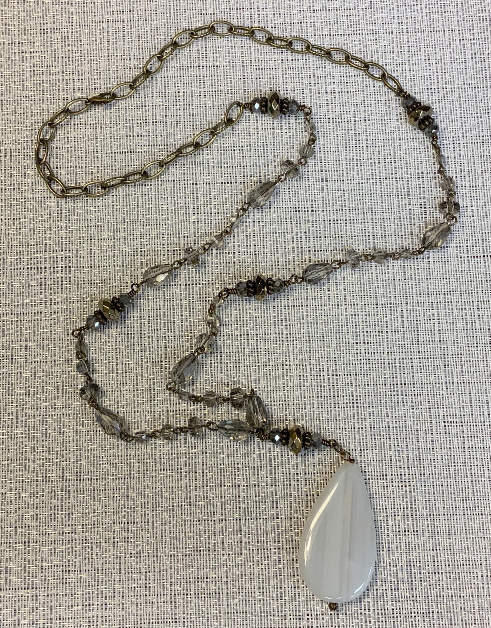 Brass Links/Grey Beaded Necklace w/White Stone Pendant