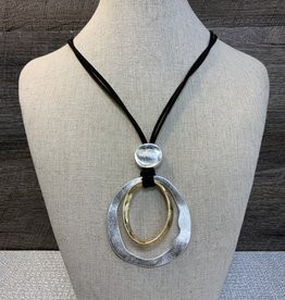 Black Adjustable Cord w/Gold & Silver Rings Pendant Necklace