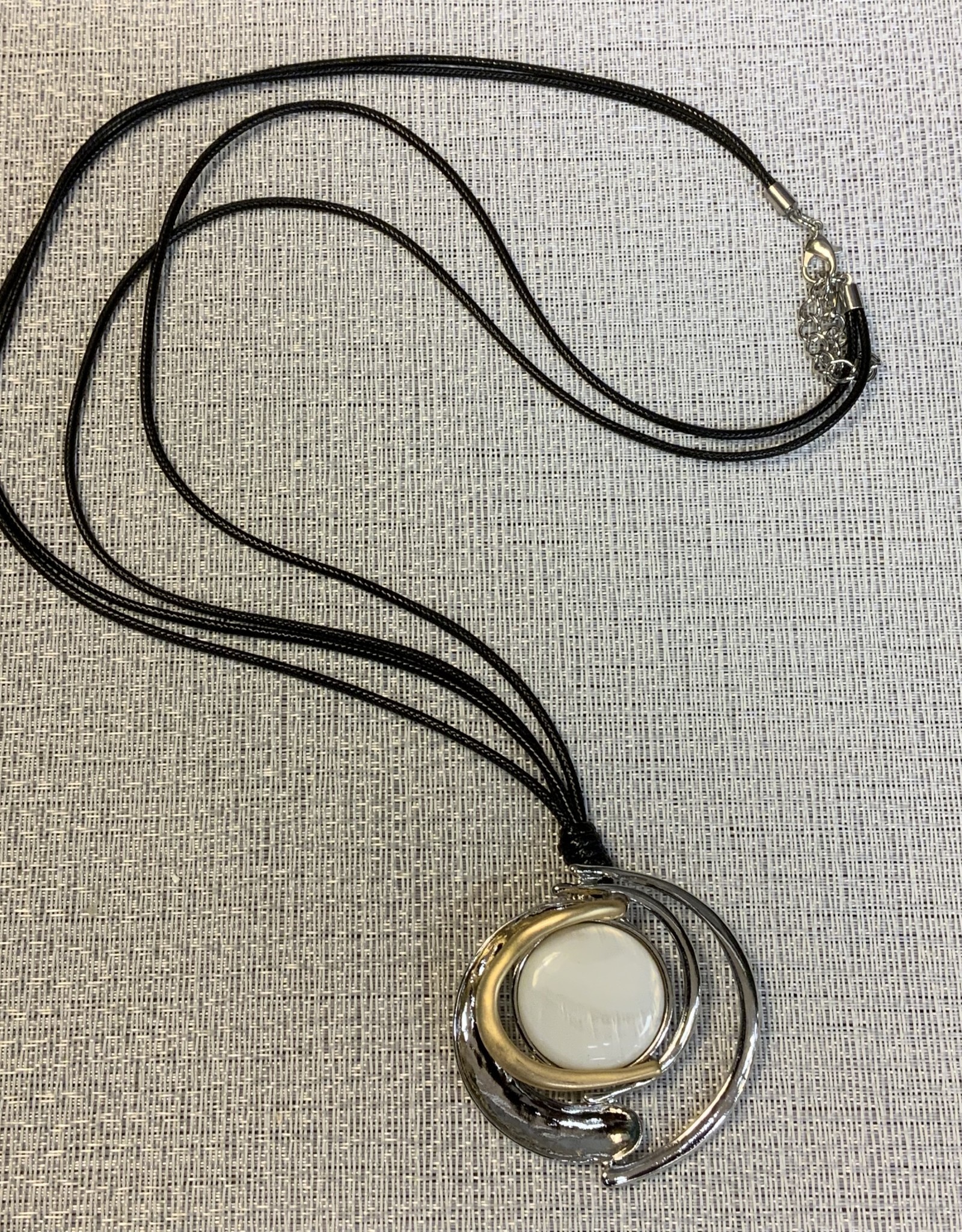 Black Cord w/Stone, Gold & Silver Swirl Pendant Necklace