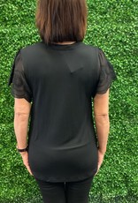 - Black V-Neck  Short Sheer Brocade Sleeve With  Hi-Lo Hem Top