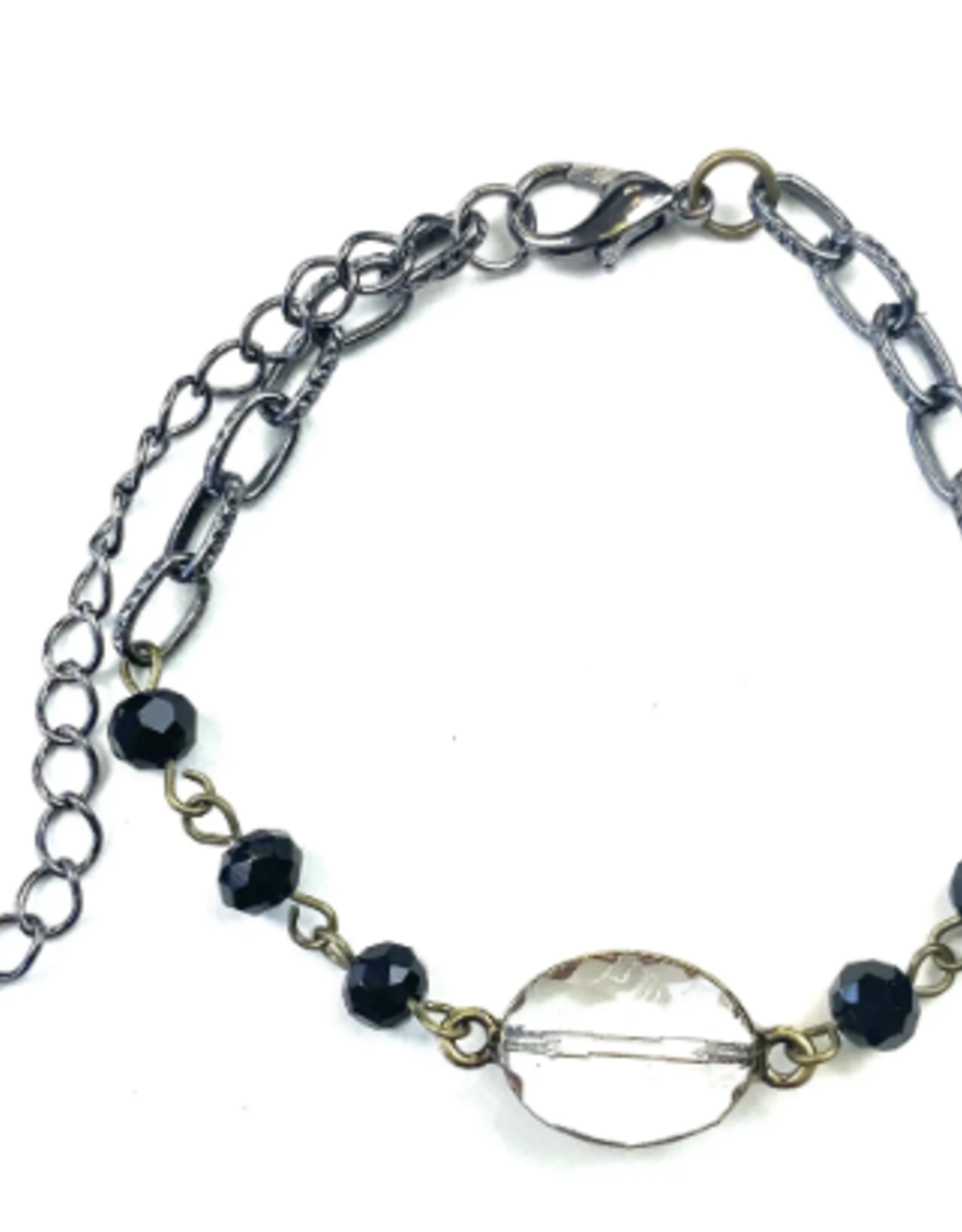 Black Beaded Chain & Crystal Bead Clasp Bracelet