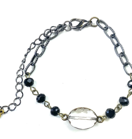 Black Beaded Chain & Crystal Bead Clasp Bracelet