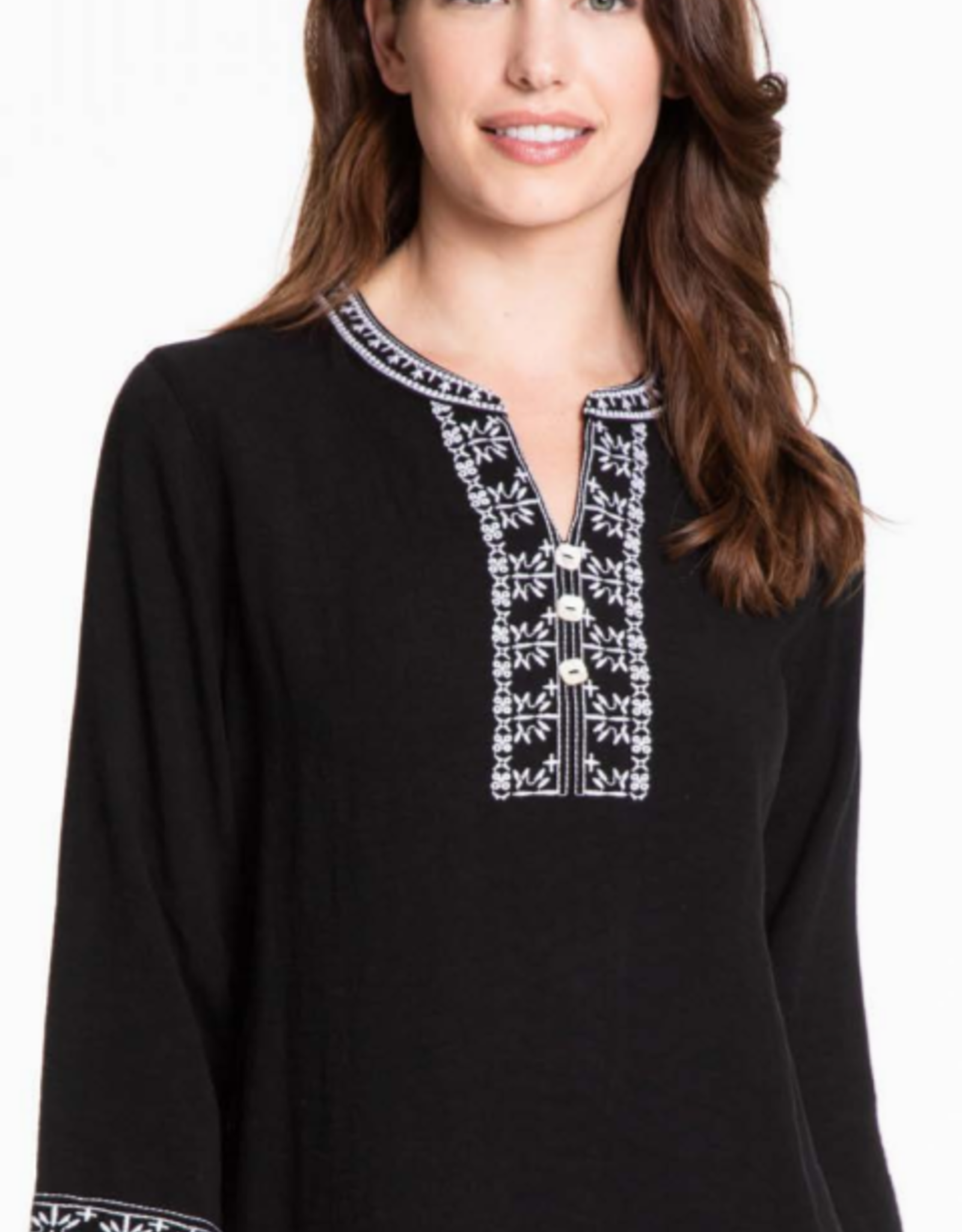 Multiples Black & White Band Collar 3/4 Sleeve Tunic w/ Embroidered Top