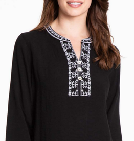 Multiples Black & White Band Collar 3/4 Sleeve Tunic w/ Embroidered Top