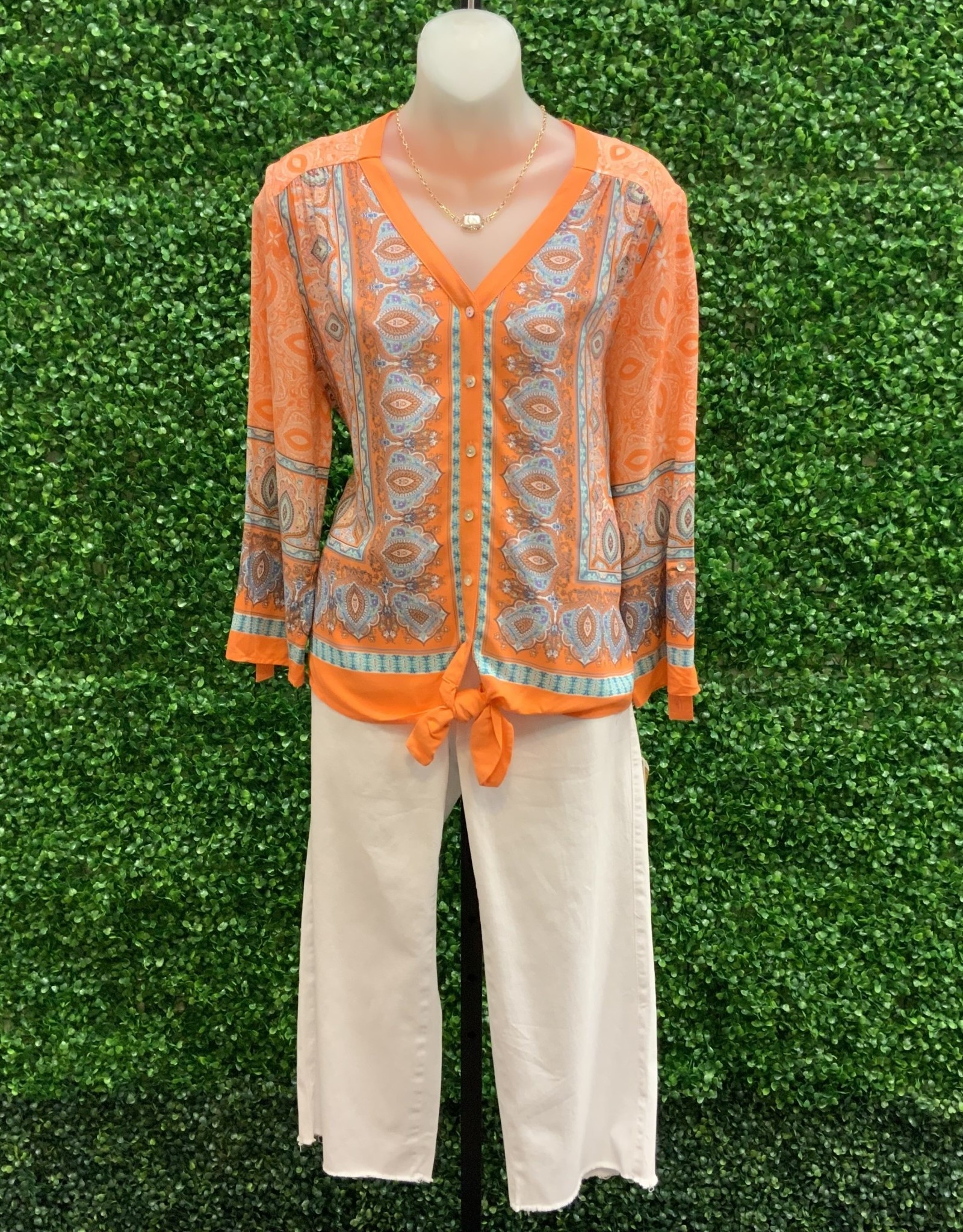 - Orange/Blue Paisley Print Button & Tie Front 3/4 Sleeve Top