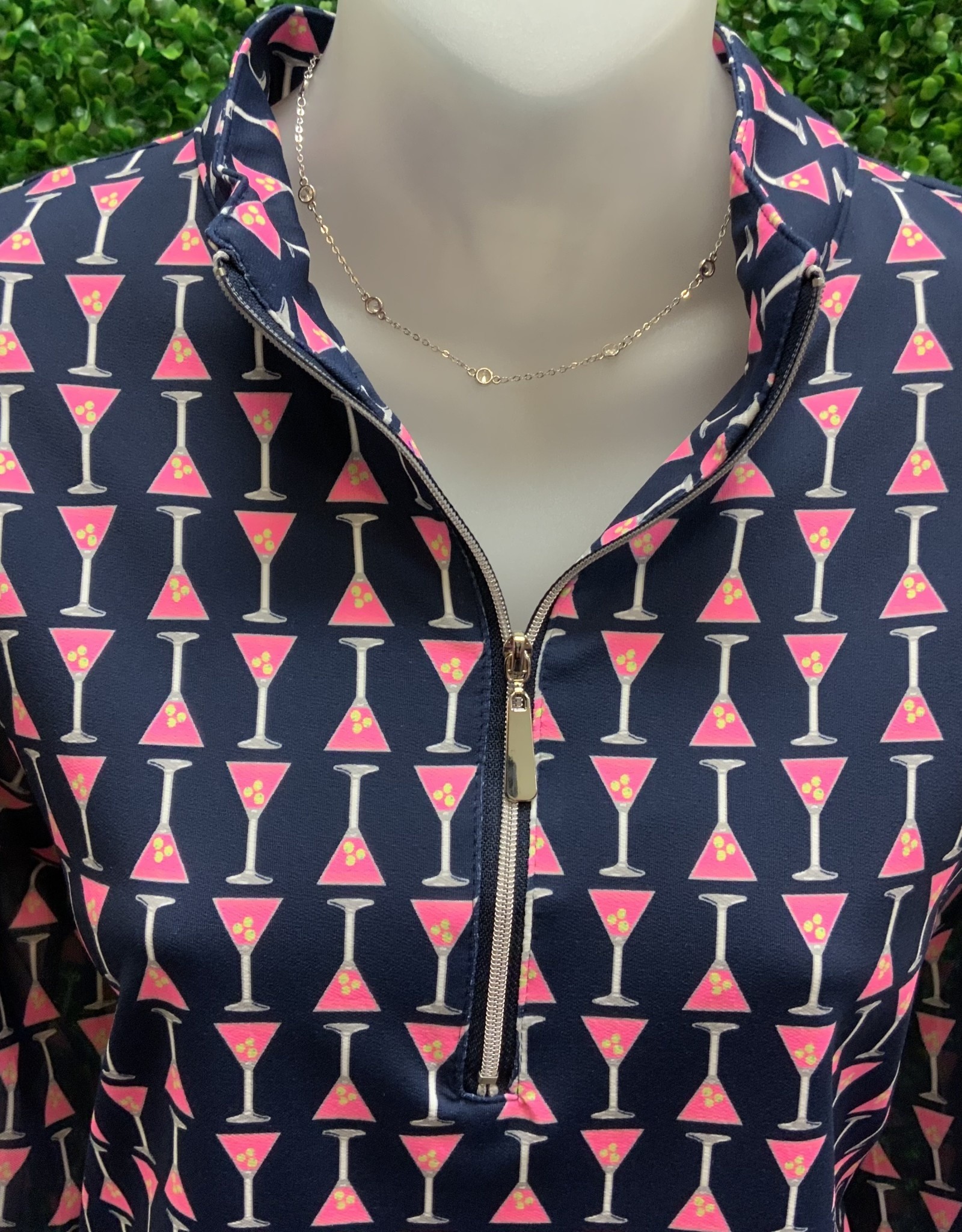 - Navy/Pink Martini Print 1/4 Zip Long Sleeve Top