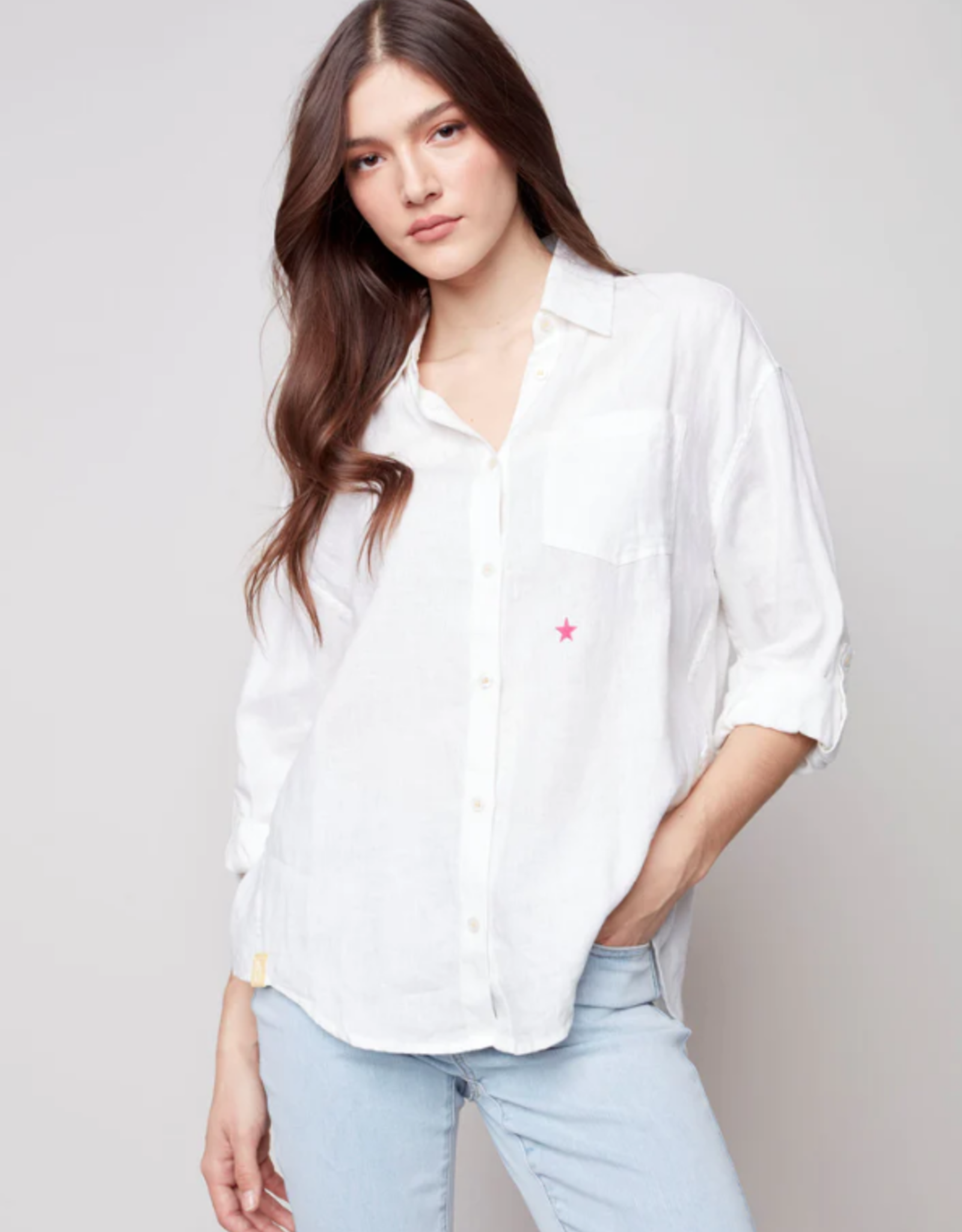 Charlie B White Button-Up Linen Blouse w/Colorful Stars
