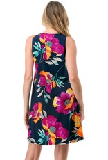 - Navy/Magenta/Orange Floral Print Zipper Neckline Tank Dress