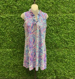 Lulu B Aqua Blue/ Aqua Marine /Pink/ White Pineapple Print V-Neck w/ Ruffle Sleeveless Dress
