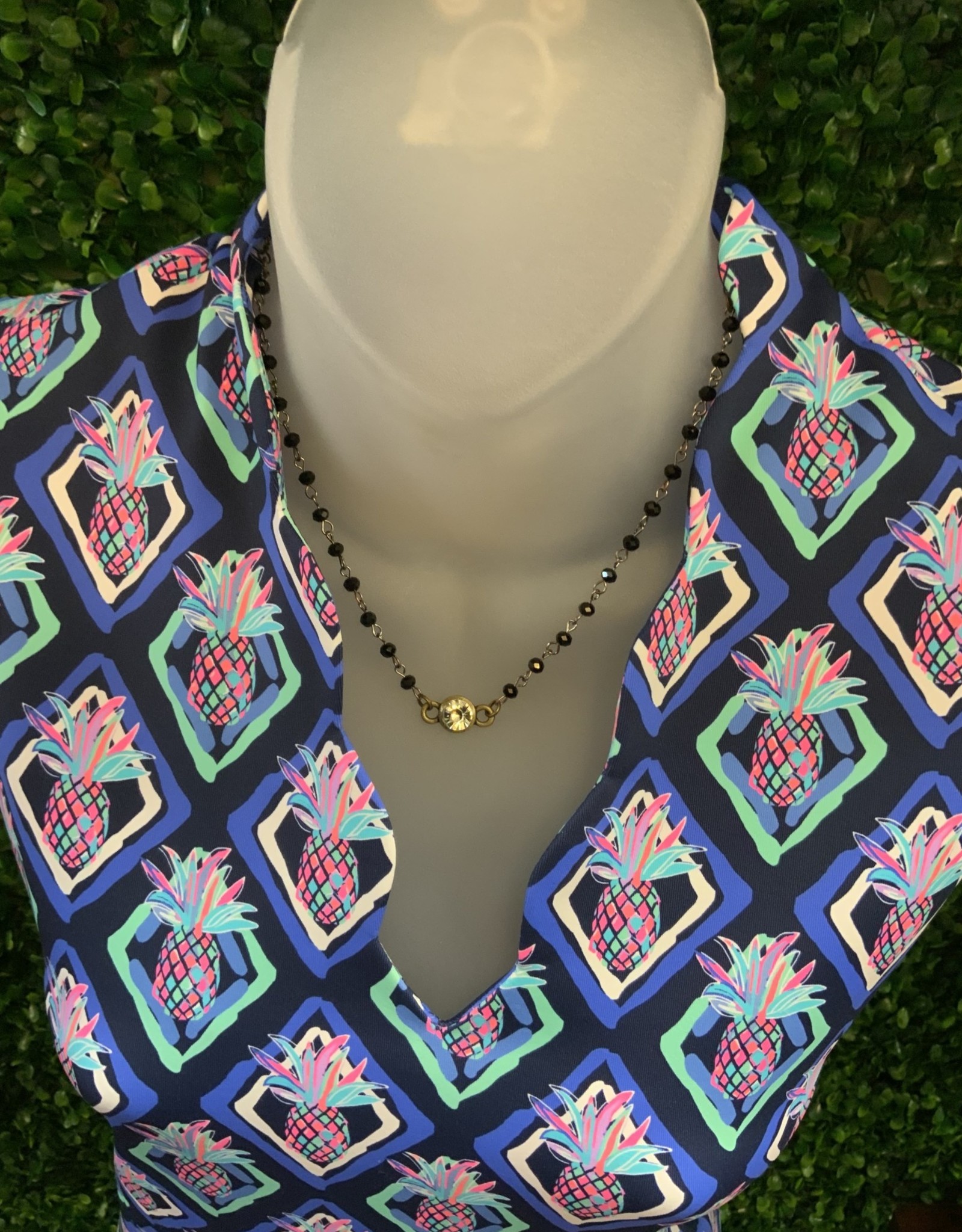 Lulu B Black/Pink/Blue Pineapple Print Scalloped V-Neckline Sleeveless Dress