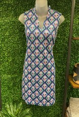 Lulu B Black/Pink/Blue Pineapple Print Scalloped V-Neckline Sleeveless Dress