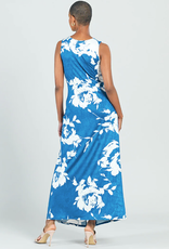 Clara Sunwoo Blue/Cream Floral Print Crushed Silk Knit Sleeveless Maxi Dress w/Center Slit