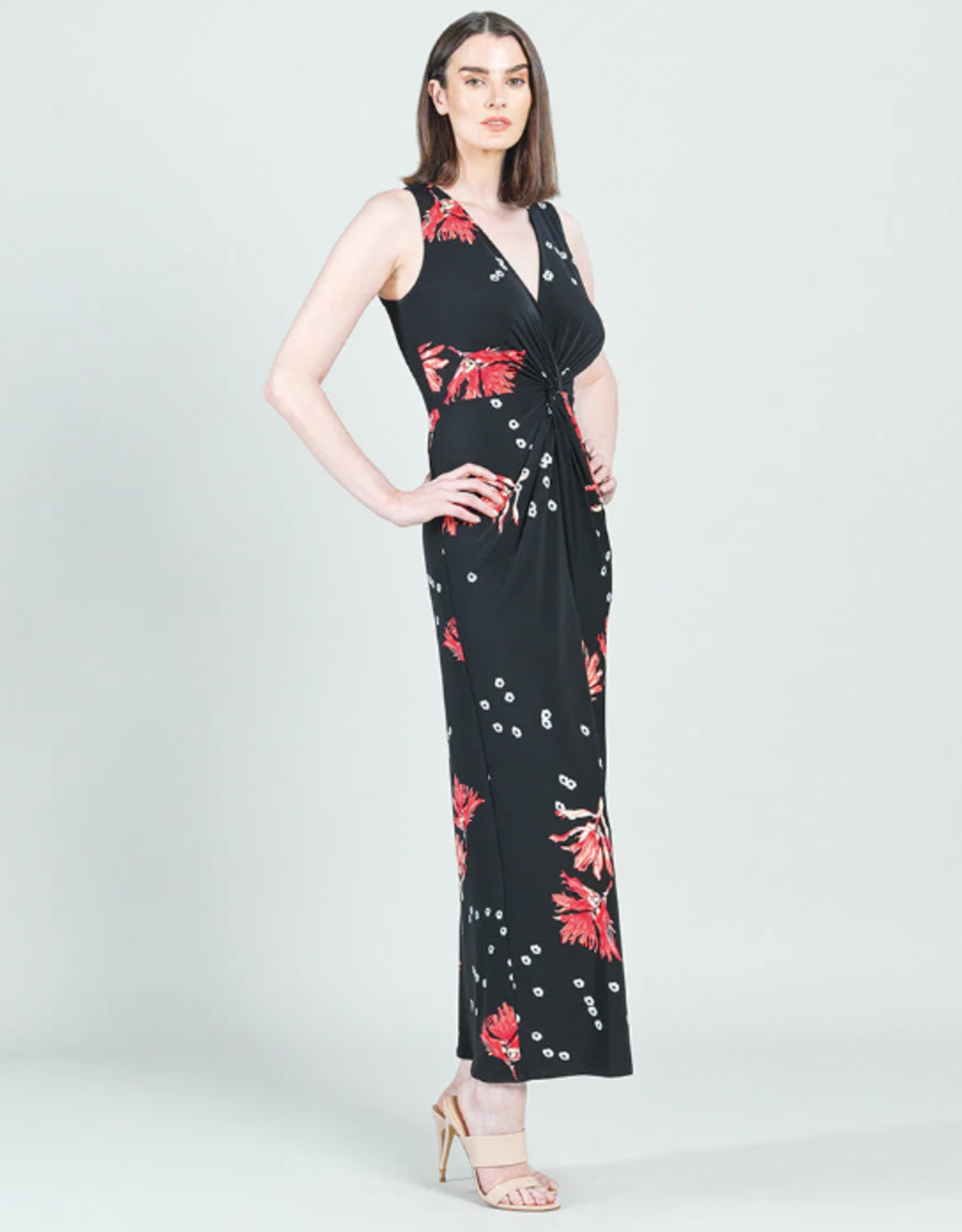 Clara Sunwoo Black/Rose Floral Print Crushed Silk Knit Sleeveless Maxi Dress w/Center Slit