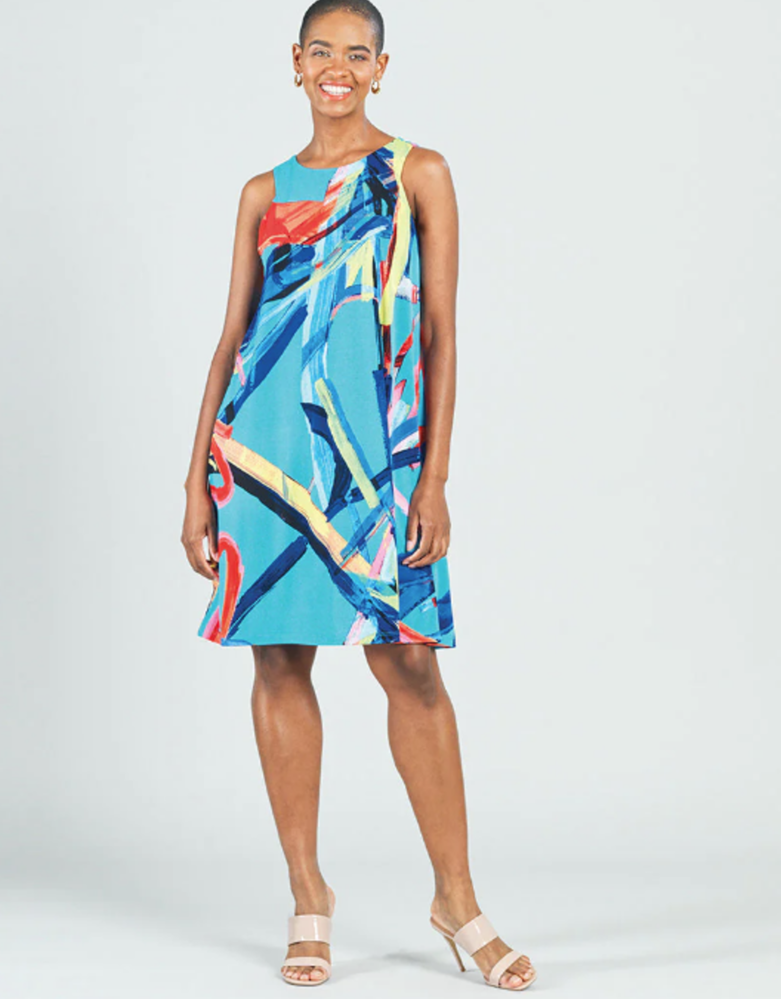 Turquoise Ribbon Print Sleeveless Swing Dress w/High Neck - Evelie Blu  Boutique