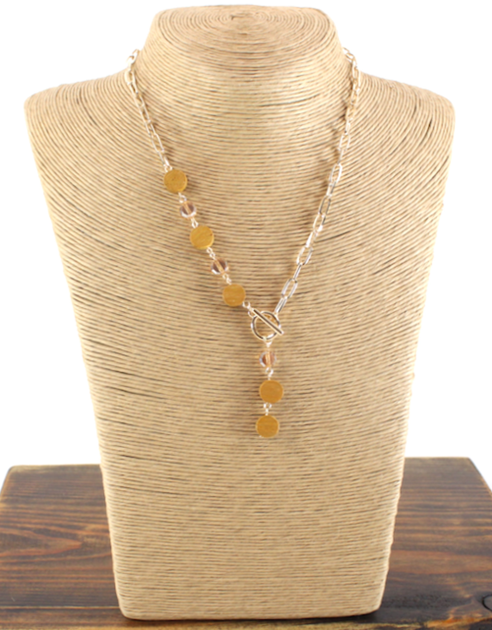 Gold  Short Metal Alloy w/Yellow Wood & Crystal Necklace
