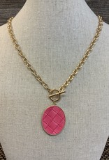 Gold Long Chain w/Magenta Leather Pendant  Necklace