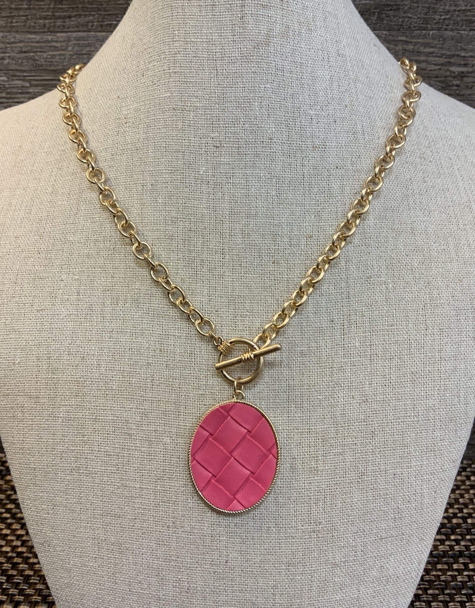Gold Long Chain w/Magenta Leather Pendant  Necklace