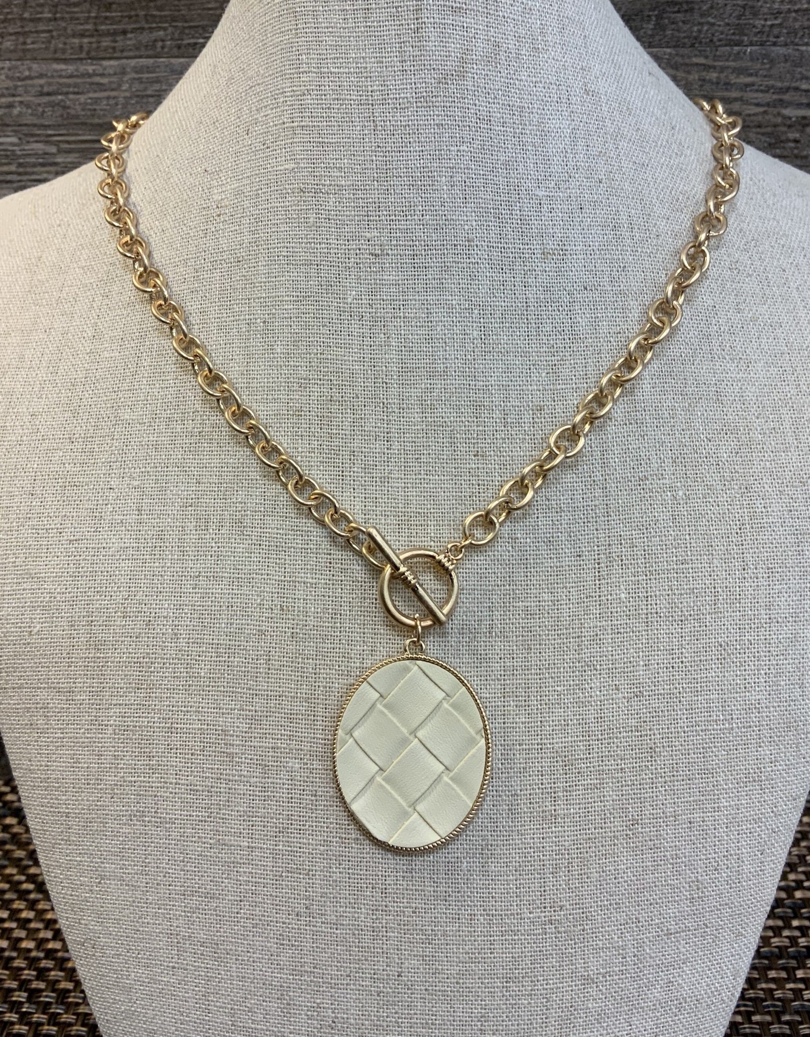 Gold Long Chain w/Ivory Leather Pendant Necklace