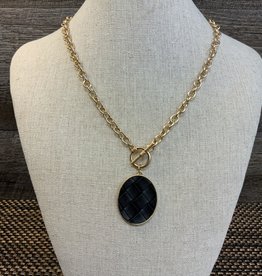 Gold Long Chain w/Black Leather Pendant Necklace