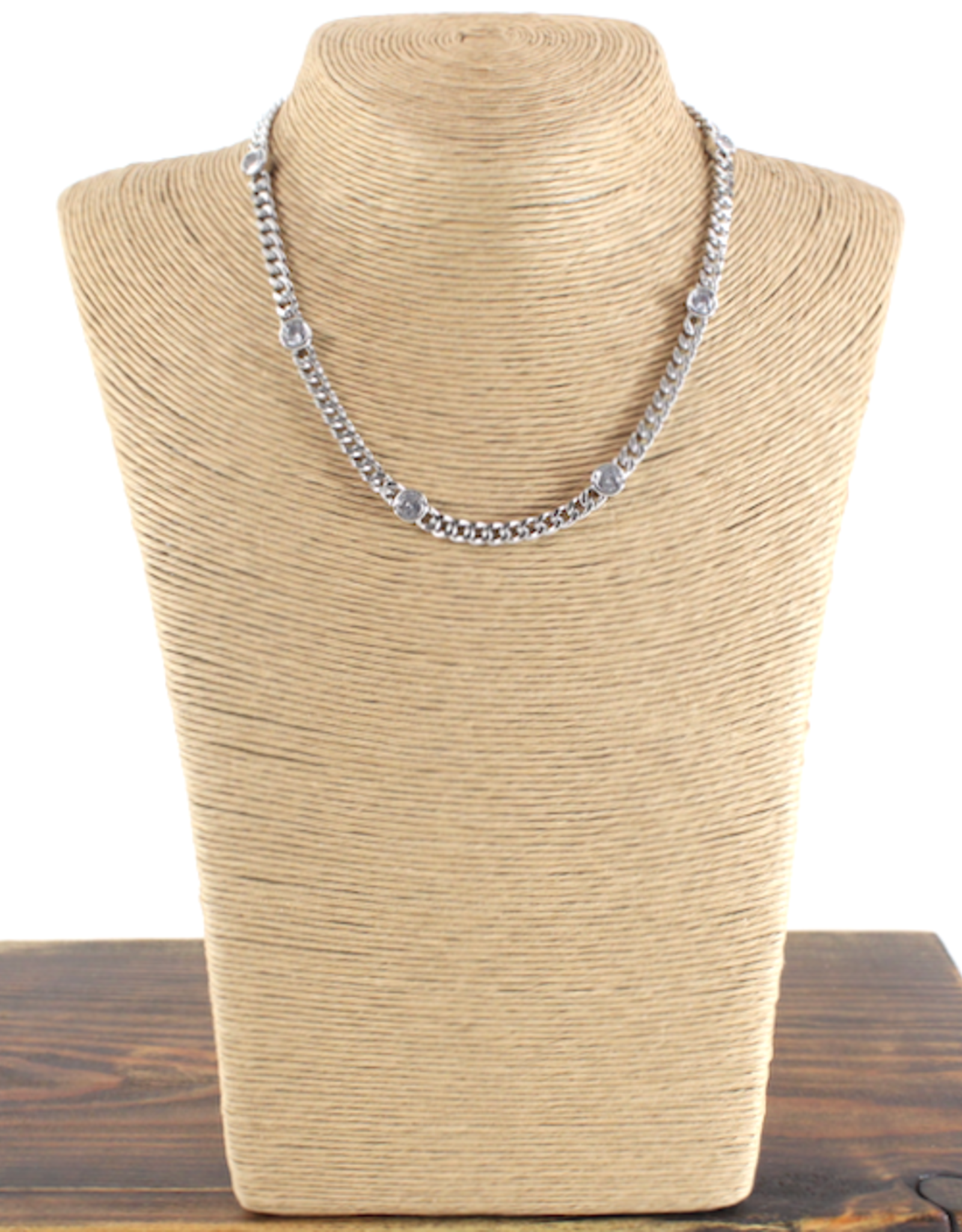 Silver Metal Alloy Short Chain w/White Crystals Necklace