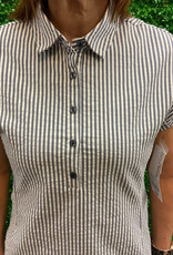 Lulu B Grey/White Stripe Collard Button-Up Detail Short Sleeve Dress
