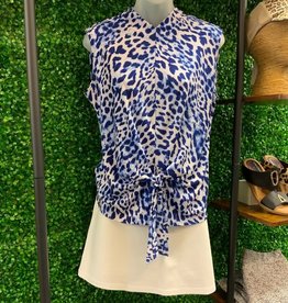 Clara Sunwoo Blue/White Animal Print High V-Neck Sleeveless Top w/Front Tie